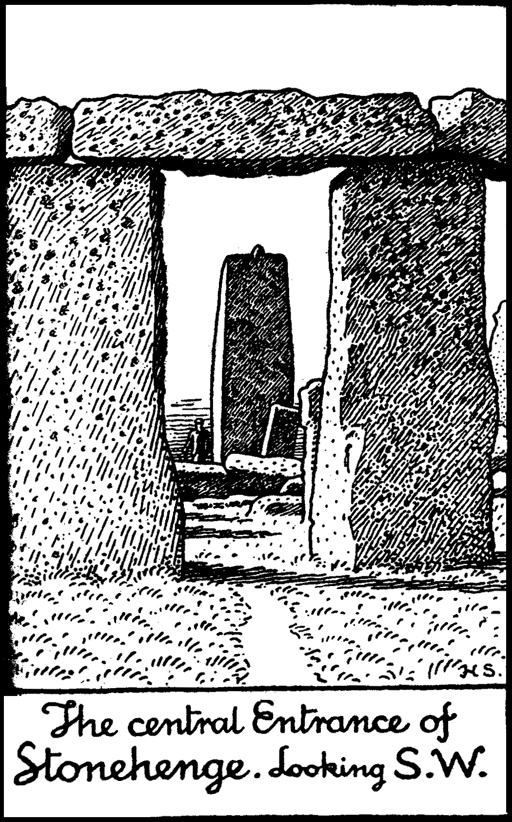 The Central entrance to Stonehenge looking SW.